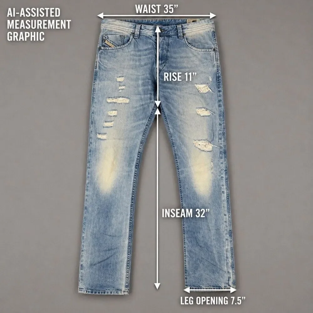 Diesel Darron Men’s Jeans W33 L32 Regular Slim Tapered Distressed Light Wash